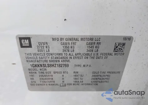 2017 GMC Acadia Sle-2 from USA, damaged, VIN 1GKKNSLS8HZ182769